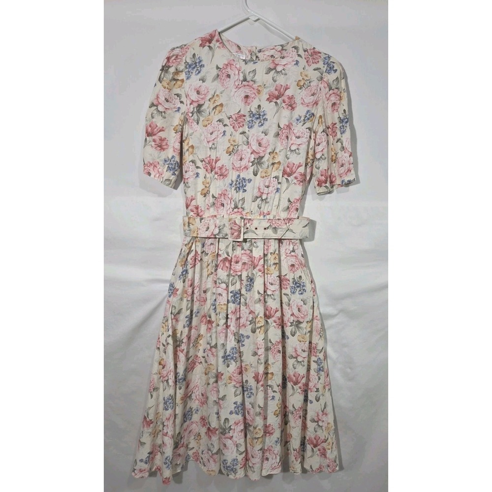 80s Michelle Stuart Pastel Floral Midi Dress Sz 8 Belted Short Sleeve Pleated